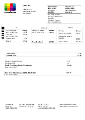 Sweden Com Hem utility bill template in Word and PDF format