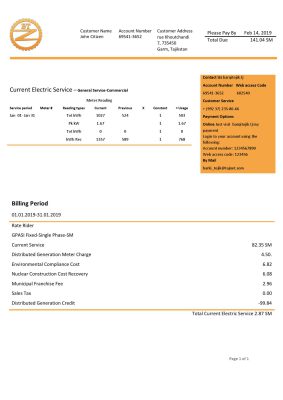 Tajikistan Barqi Tojik Company electricity utility bill template in Word and PDF format