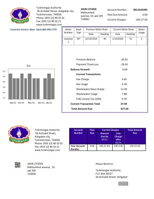 Turkmenistan Turkmengaz utility bill template in Word and PDF format