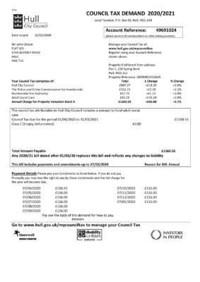 England Editable Templates 5 United Kingdom Hull City Council utility bill template in Word and PDF format, 2 pages