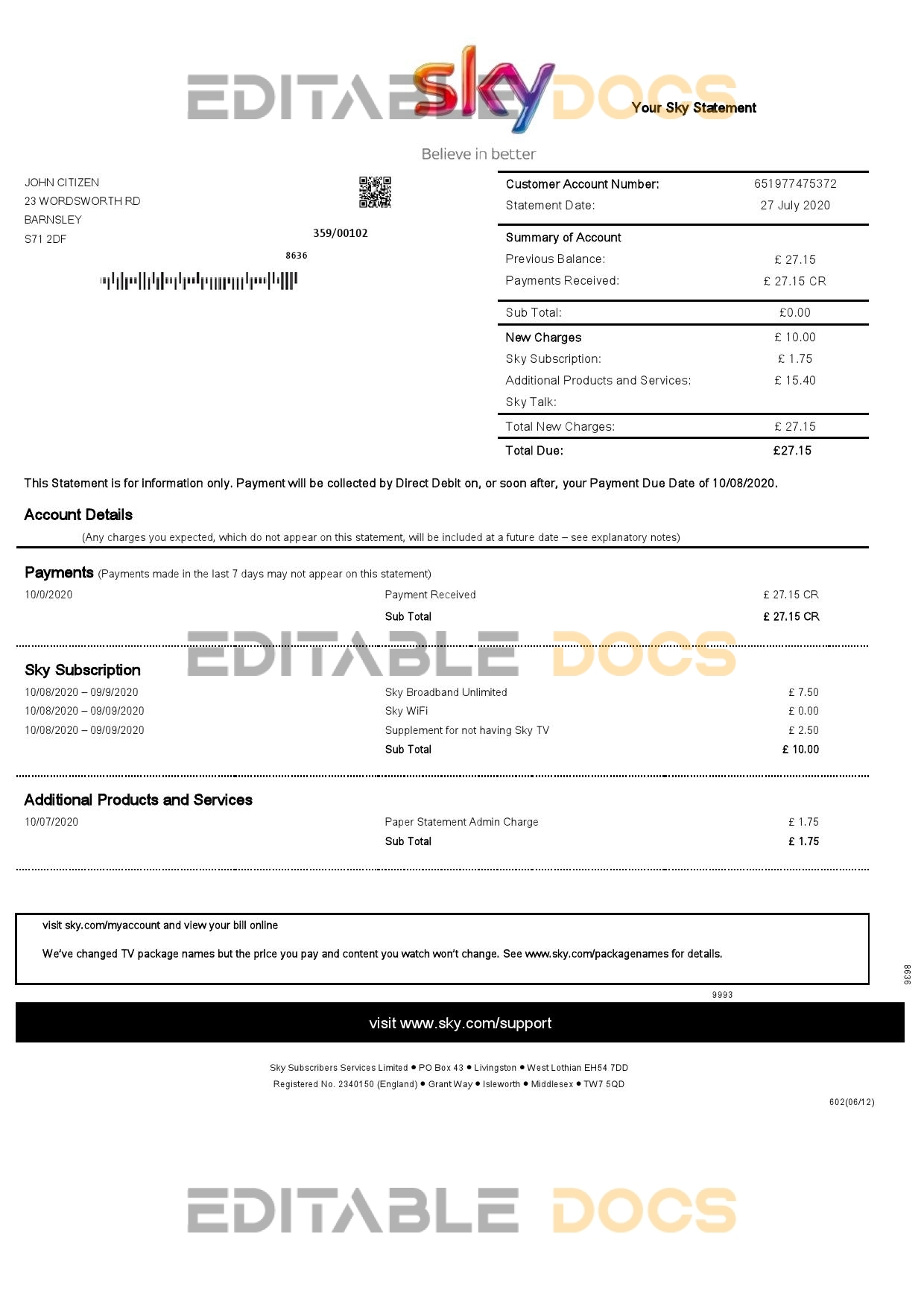 United Kingdom Sky utility bill statement template in Word and PDF format