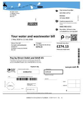 United Kingdom United Utilities water utility bill template in Word and PDF format