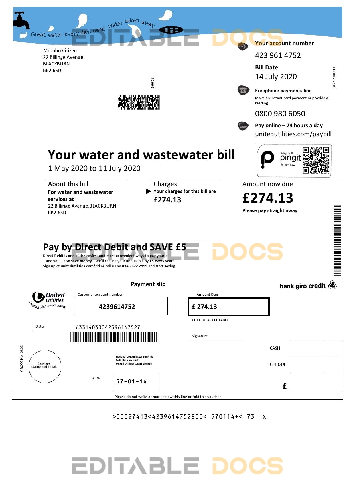United Kingdom United Utilities water utility bill template in Word and PDF format