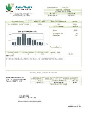 USA Arizona Avra Water utility bill template in Word and PDF format
