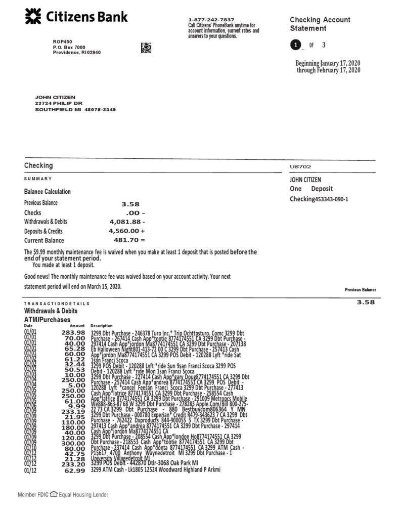 USA Citizens bank statement template in Word and PDF format, (4 pages) good for address prove