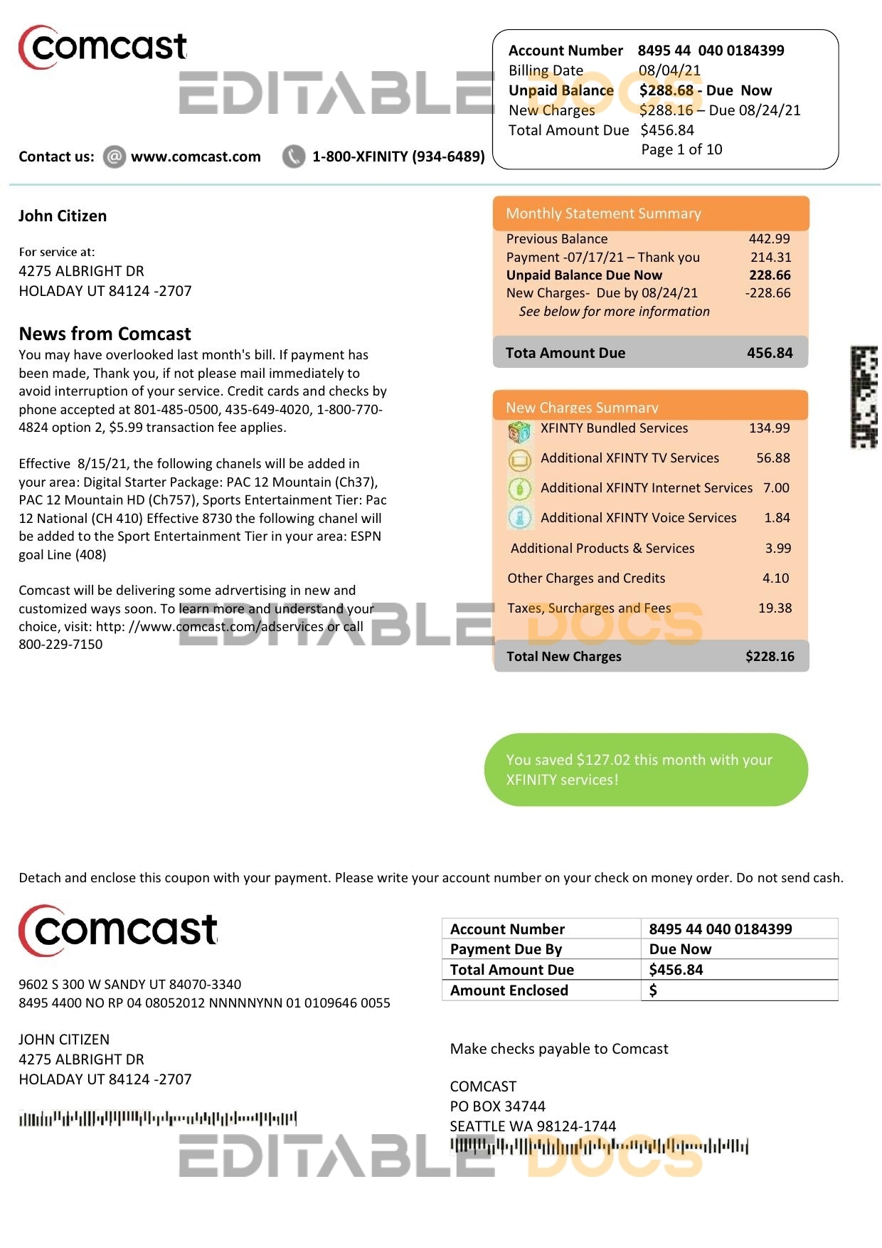 USA Utah Comcast utility bill template in Word and PDF format, version 1