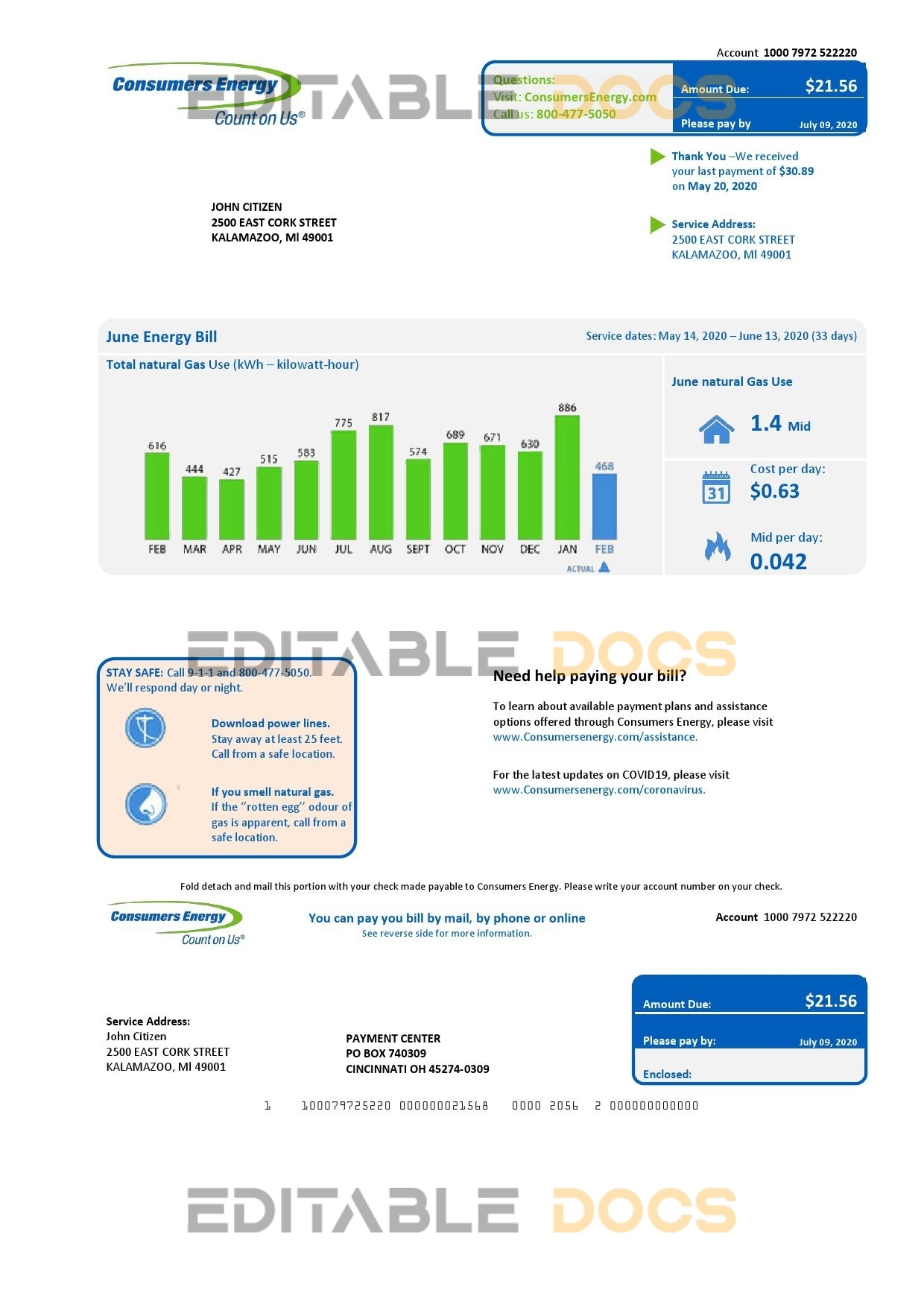 USA Michigan Consumers Energy utility bill template in Word and PDF format