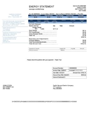 USA California PG&E (Pacific Gas and Electric Company) utility bill template in Word and PDF format, version 2