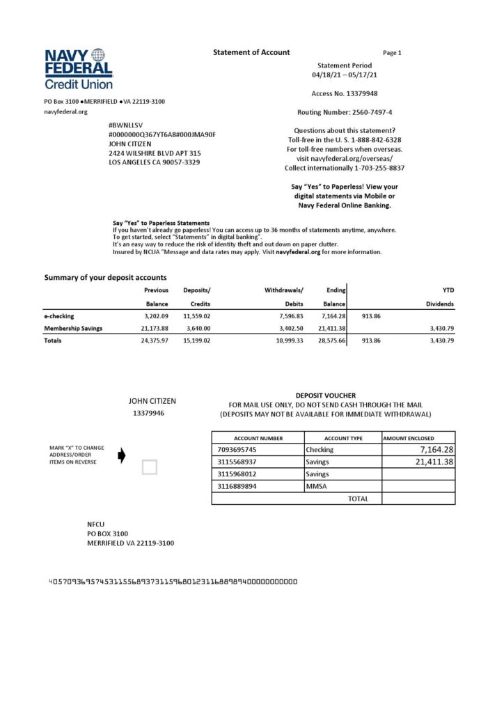 USA Navy Federal Credit Union bank statement template in Excel and PDF format