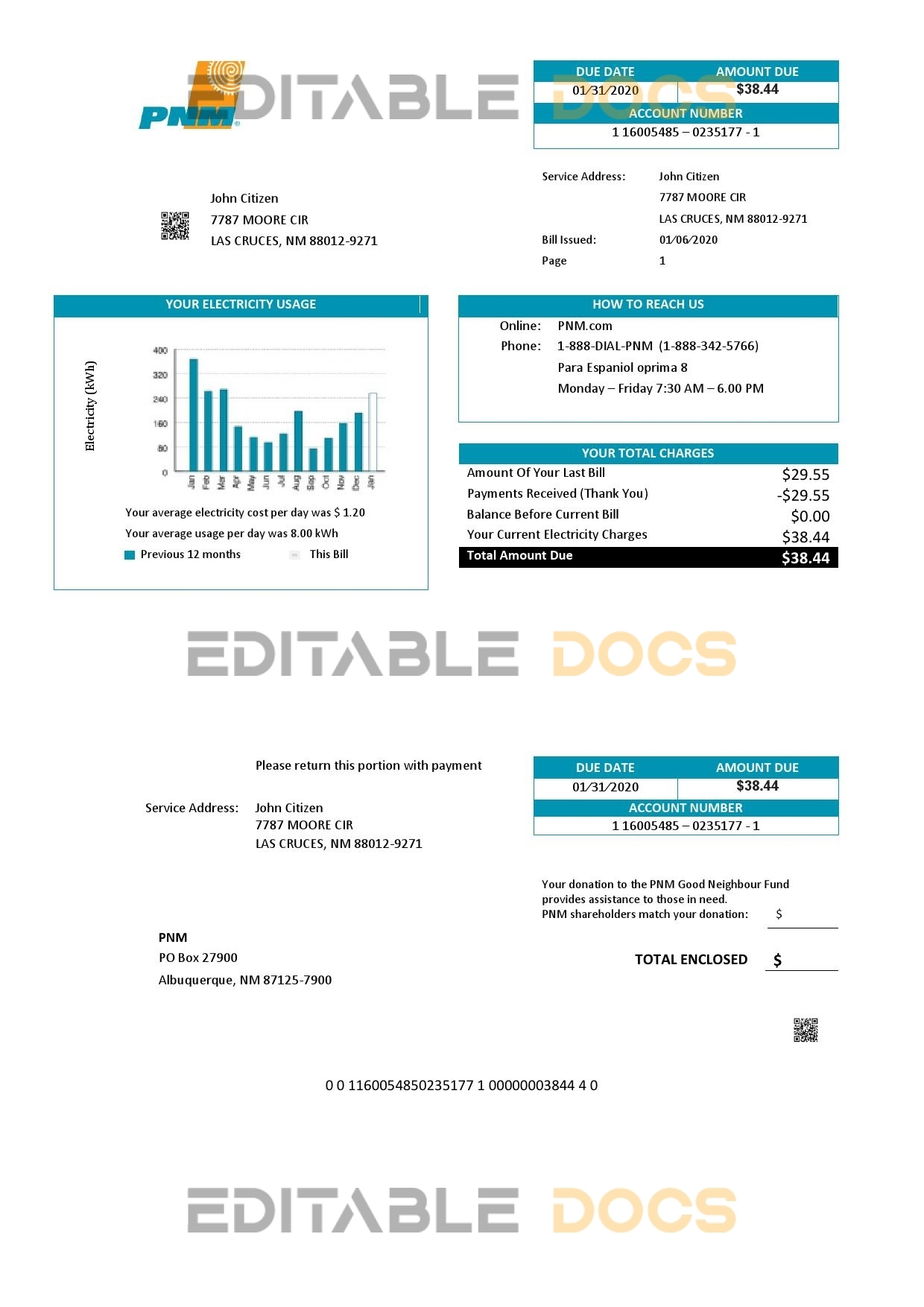 USA New Mexico PNM easy fillable utility bill template in Word and PDF format (.doc and .pdf)