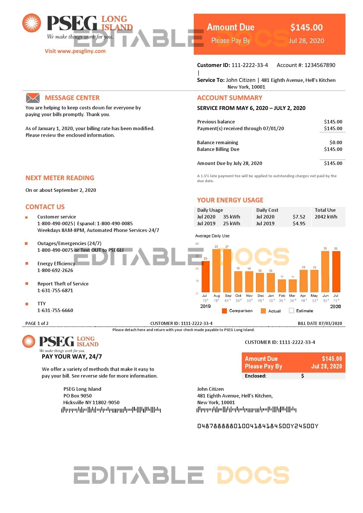 USA New Jersey PSEG electricity utility bill template in Word and PDF format, 2 pages