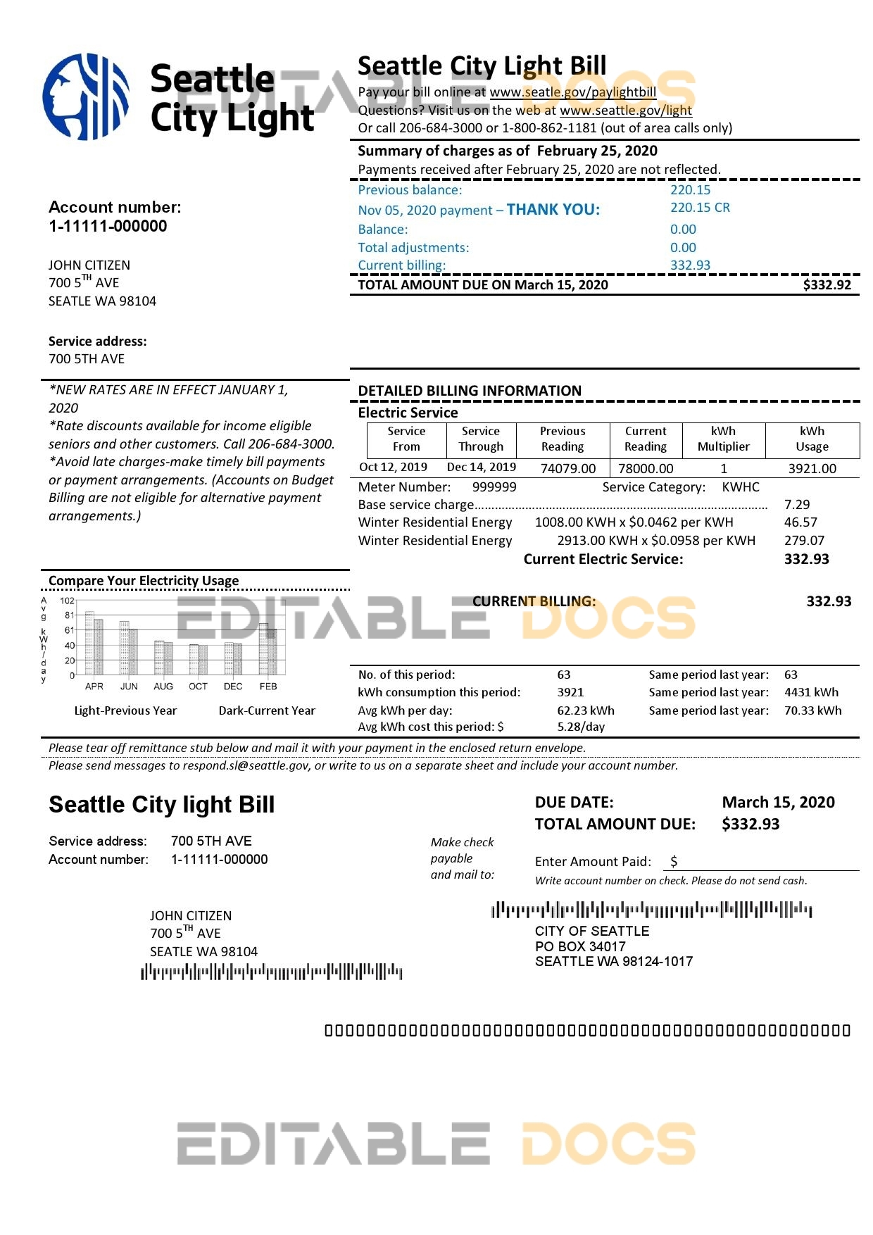 USA Washington Seattle City Light utility bill template in Word and PDF format