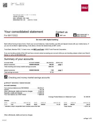 USA Washington BB&T bank statement Word and PDF template, 5 pages