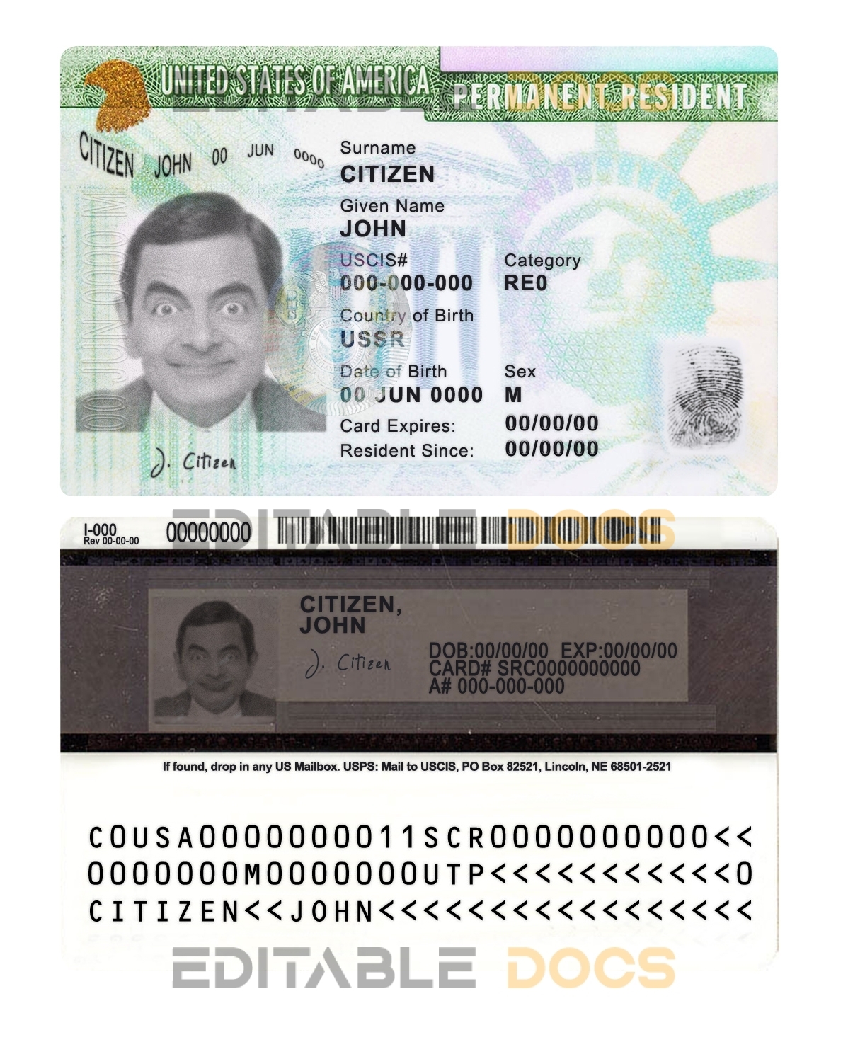 USA green card, permanent residence card template in PSD format, fully editable