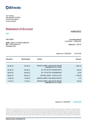 England Editable Templates 10 United Kingdom Bitwala bank statement, Word and PDF template