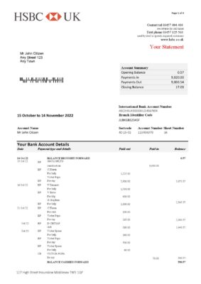 England Editable Templates 3 United Kingdom HSBC bank statement Word and PDF template 5 pages 1