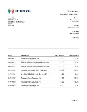 England Editable Templates 12 United Kingdom Monzo bank statement template in Word and PDF format (3 pages), good for address prove