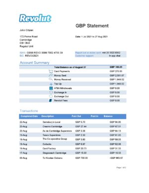England Editable Templates 14 United Kingdom Revolut Bank statement easy to fill template in Excel and PDF format 3 pages 1