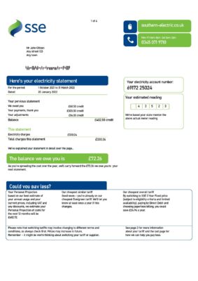 England Editable Templates 6 United Kingdom SSE Energy utility bill, Word and PDF template, 4 pages