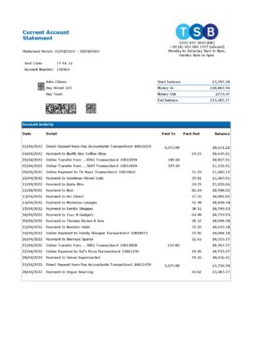 England Editable Templates 2 United Kingdom TSB bank statement, Excel and PDF template