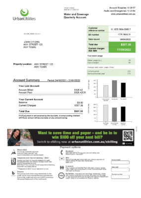 Australia Urban Utilities .doc and .pdf utility bill template