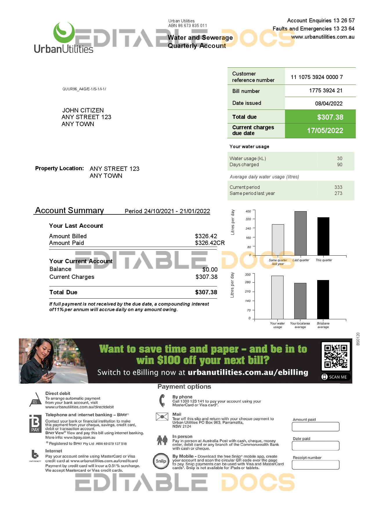 Australia Urban Utilities .doc and .pdf utility bill template