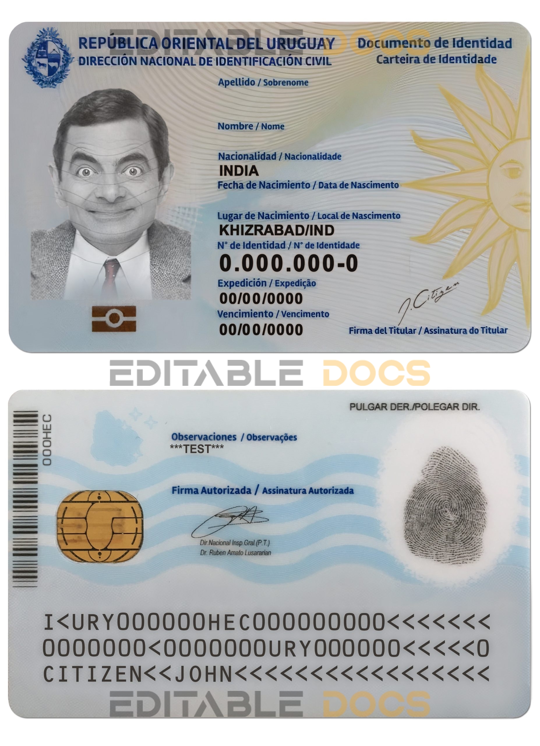 Uruguay ID card PSD template, completely editable