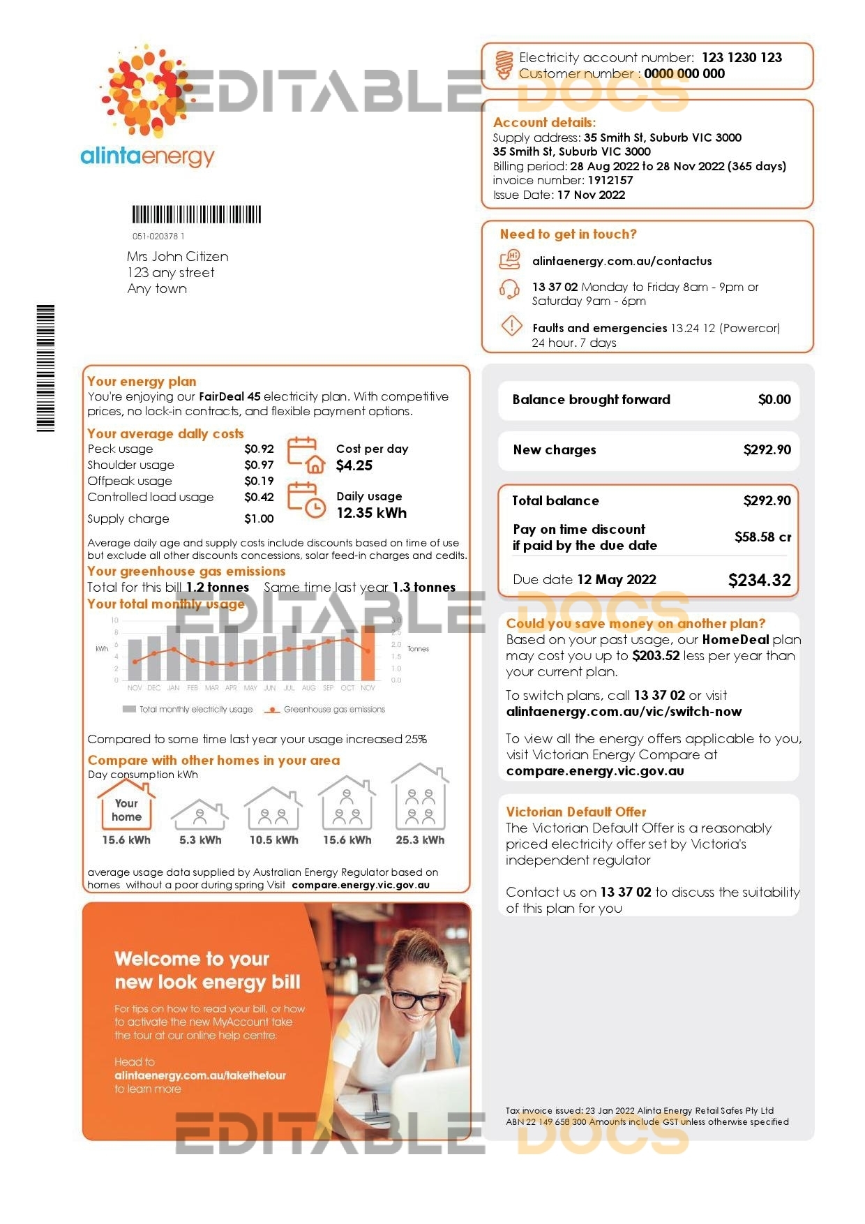 Australia Alinta Energy gas utility bill template in Word and PDF format, 2 pages