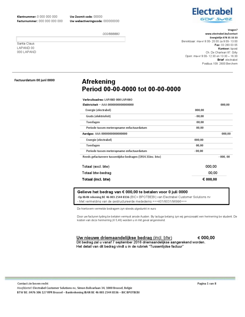 Belgium Electrabel electricity utility bill template, fully editable in Word and PDF format