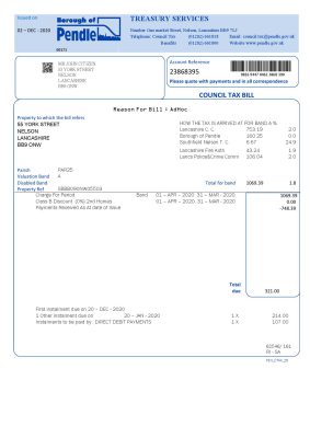 United Kingdom Borough of Pendle council tax bill template in Word and PDF format