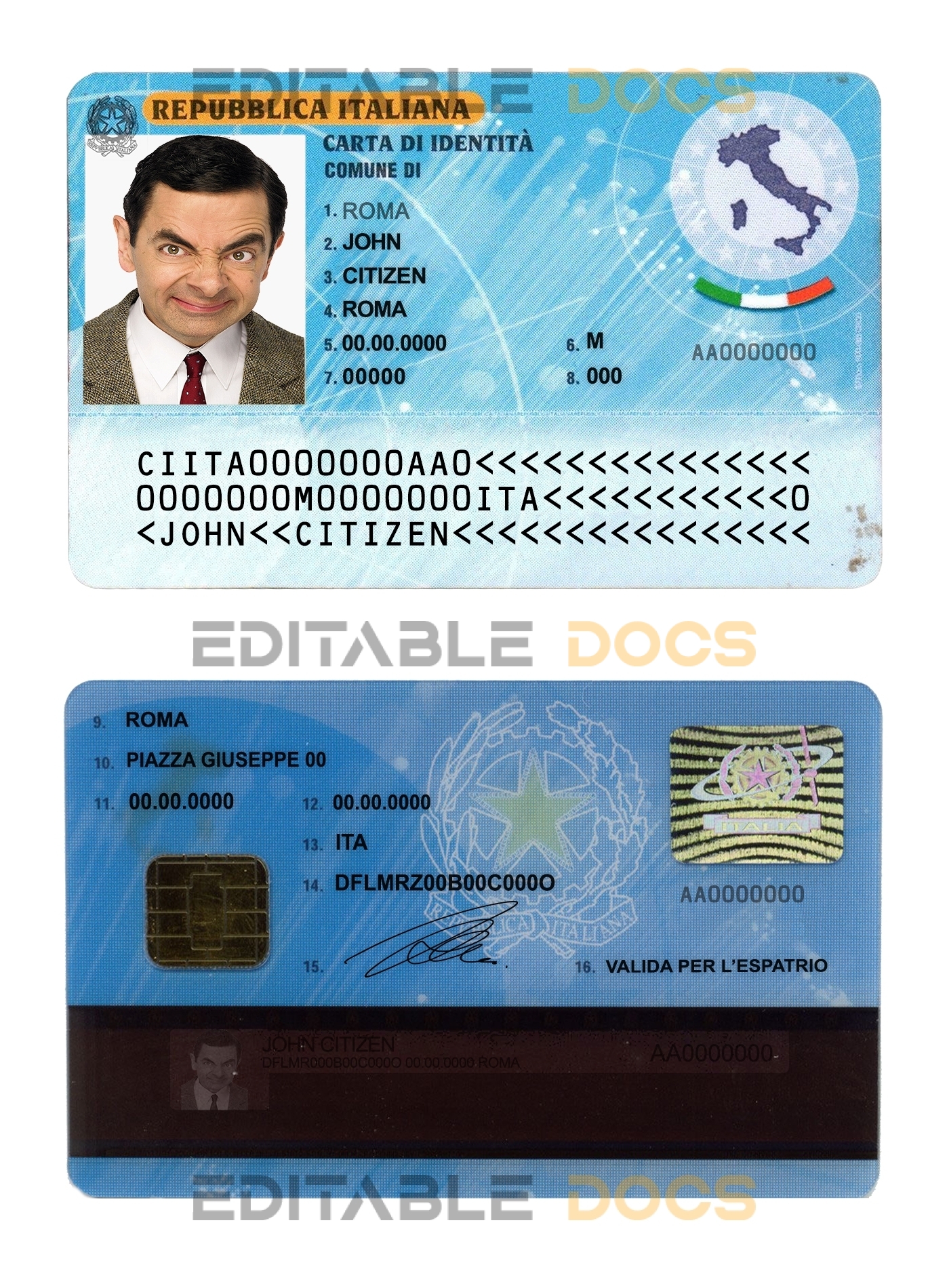 Italy ID template in PSD format, fully editable, with all fonts (2006 – 2016)