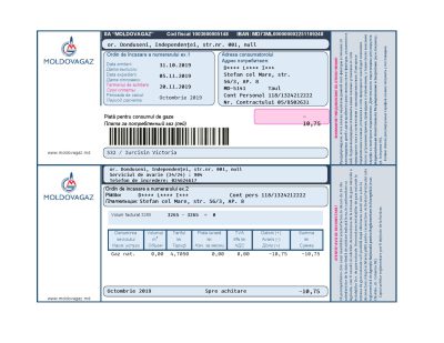 Moldova Moldovagaz utility bill template in Word and PDF format