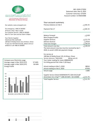 Oman Electricity Transmission Company electricity utility bill template in Word and PDF format