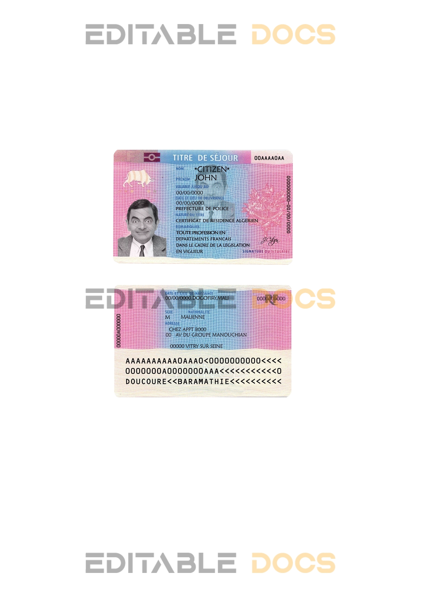 France residence permit (titre de séjour) template in PSD format, fully editable, with all fonts