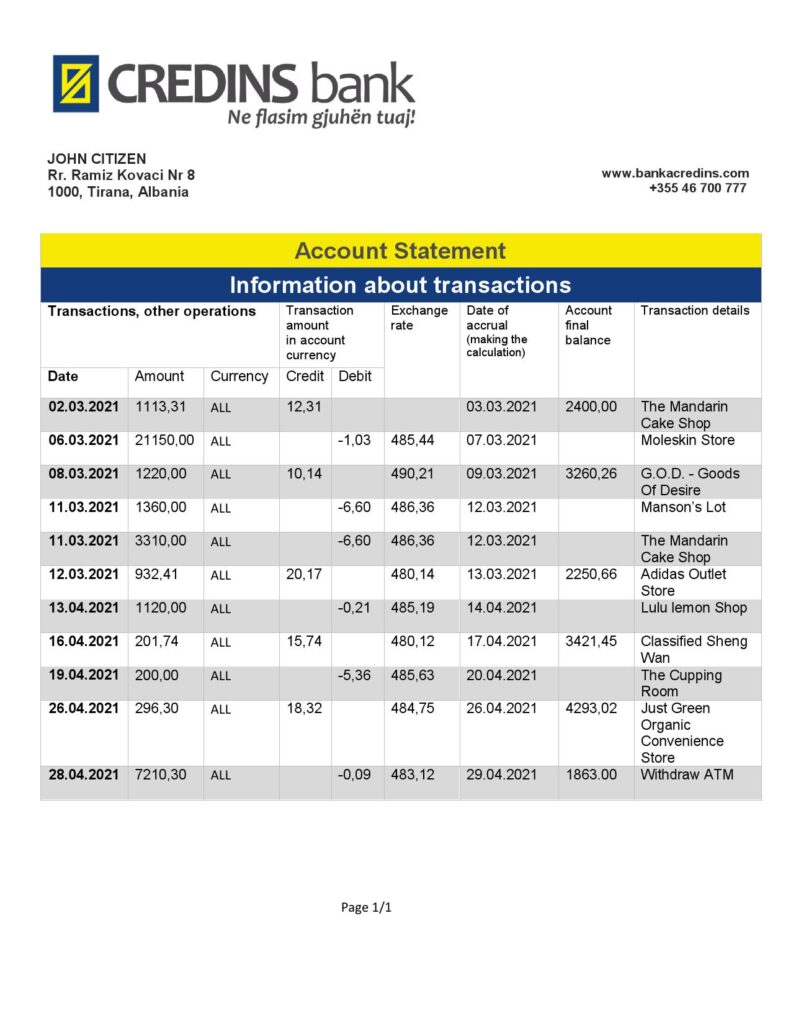Albania Credins Bank statement template in Word and PDF format