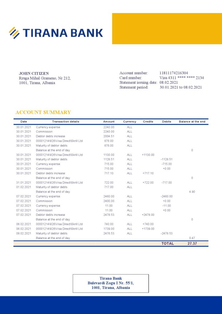 Albania Tirana bank statement template in .doc and .pdf format, fully editable
