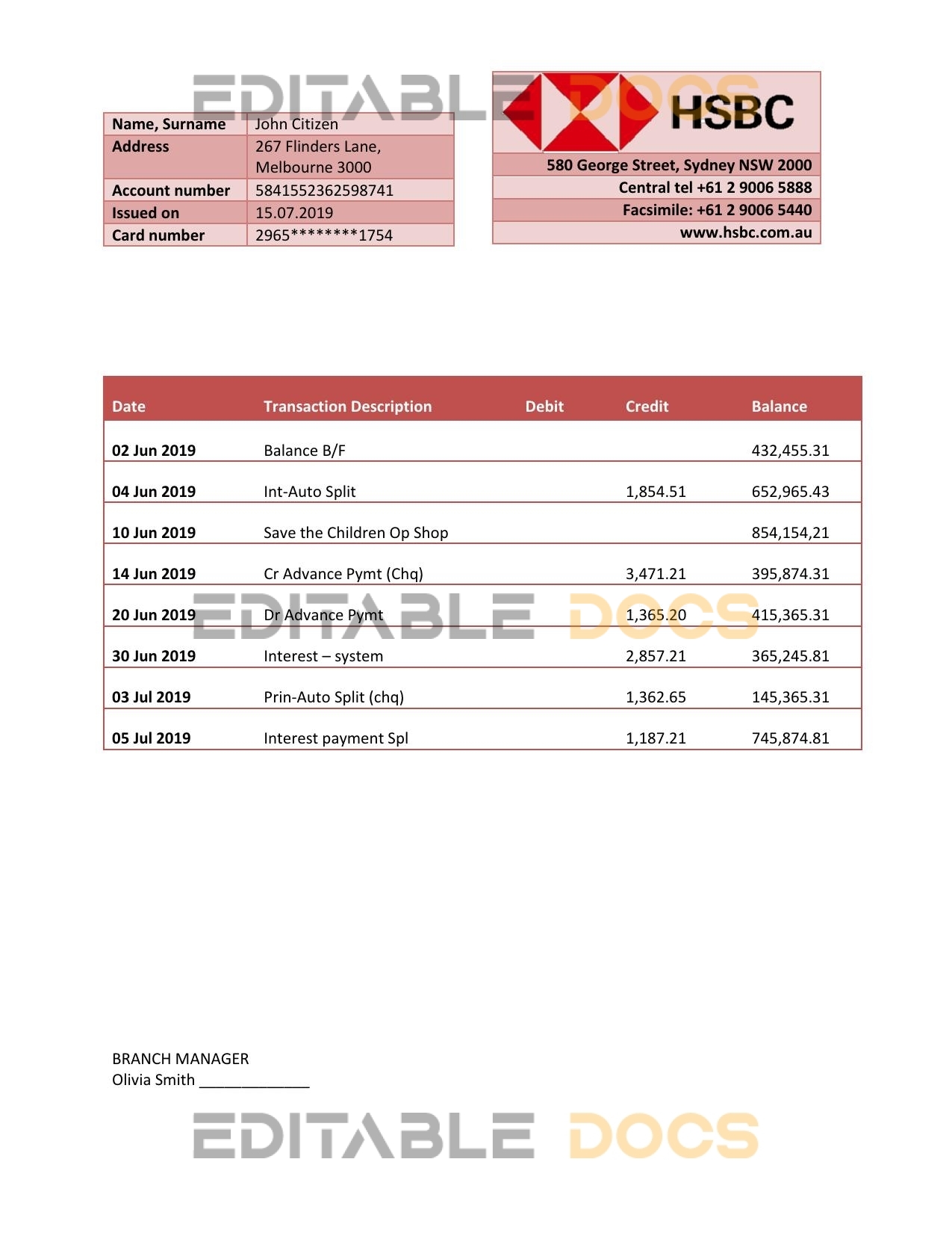 Australia HSBC bank statement template fully editable in Word and PDF format