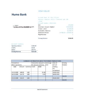 Australia Editable Template 3 Australia Humebank bank statement easy to fill template in Excel and PDF format