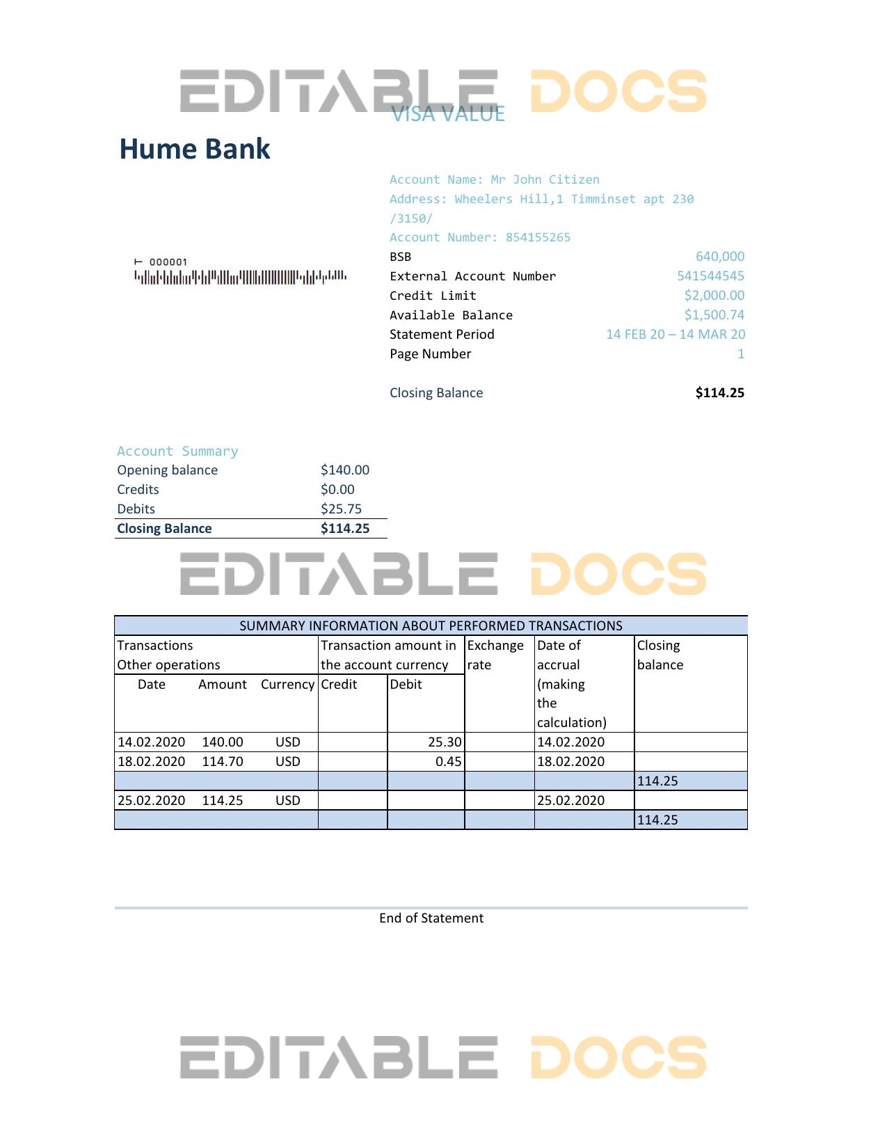Australia Humebank bank statement easy to fill template in Excel and PDF format