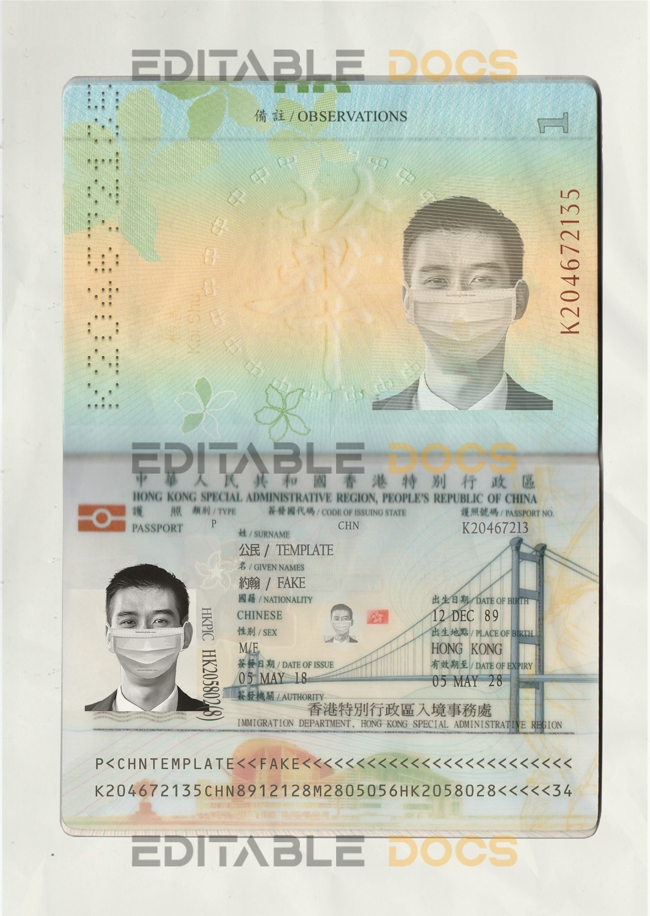 Authentic Hong Kong PSD Passport Template