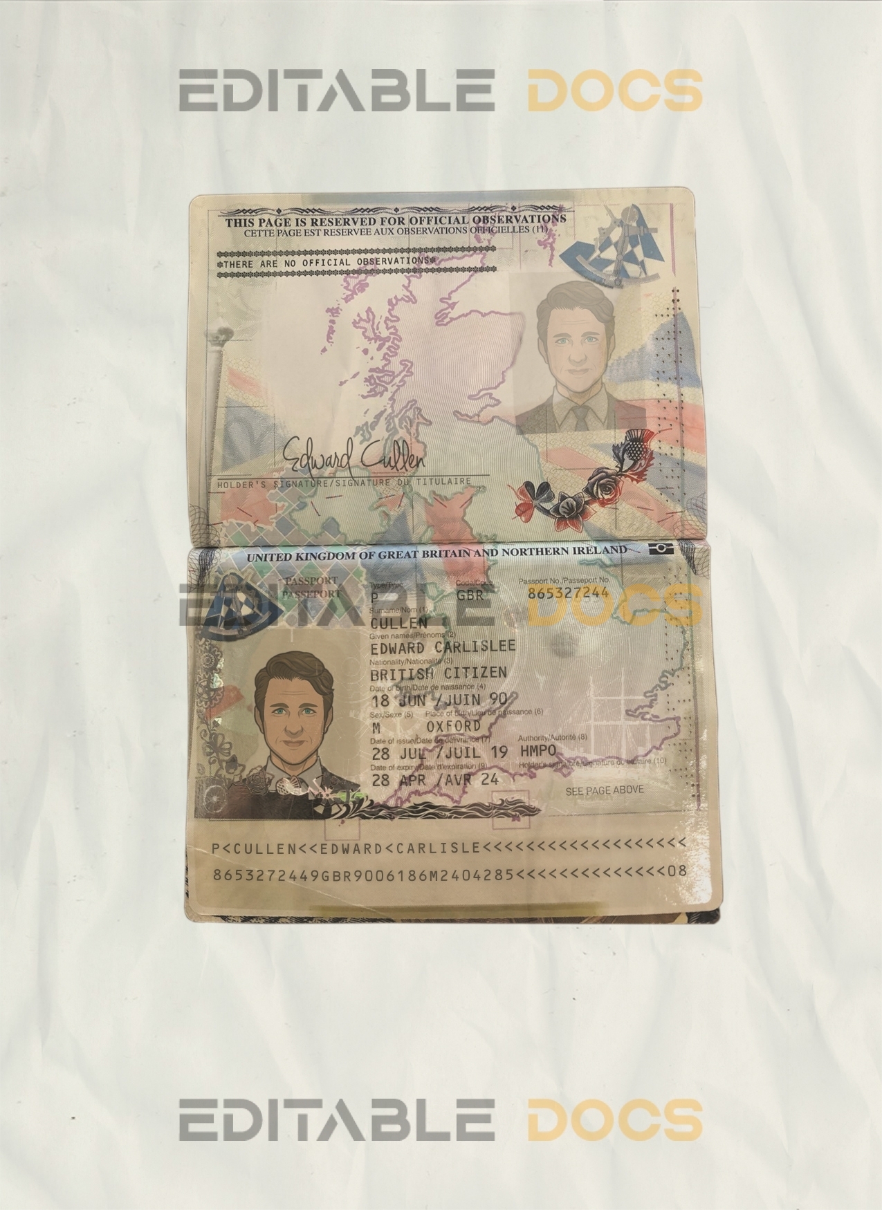 Authentic United Kingdom of Great Britain and Northern Ireland PSD Passport Template (2015-2020)