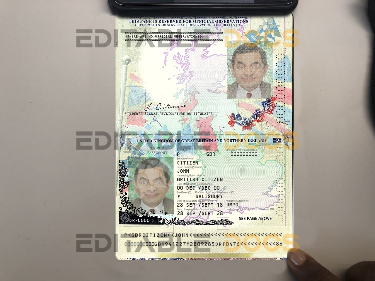 Authentic United Kingdom of Great Britain and Northern Ireland PSD Passport Template (photo look)