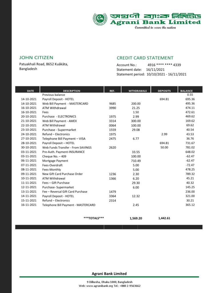 Bangladesh Agrani Bank statement template in Word and PDF format