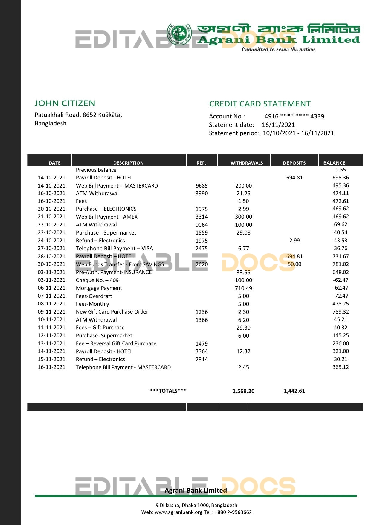 Bangladesh Agrani Bank statement template in Word and PDF format
