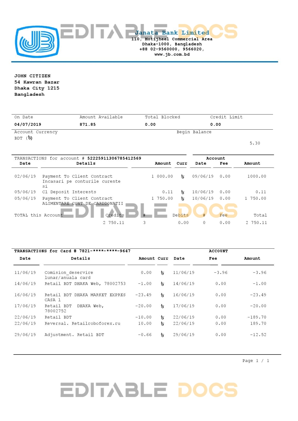 Bangladesh Janata Bank statement easy to fill template in Word and PDF format