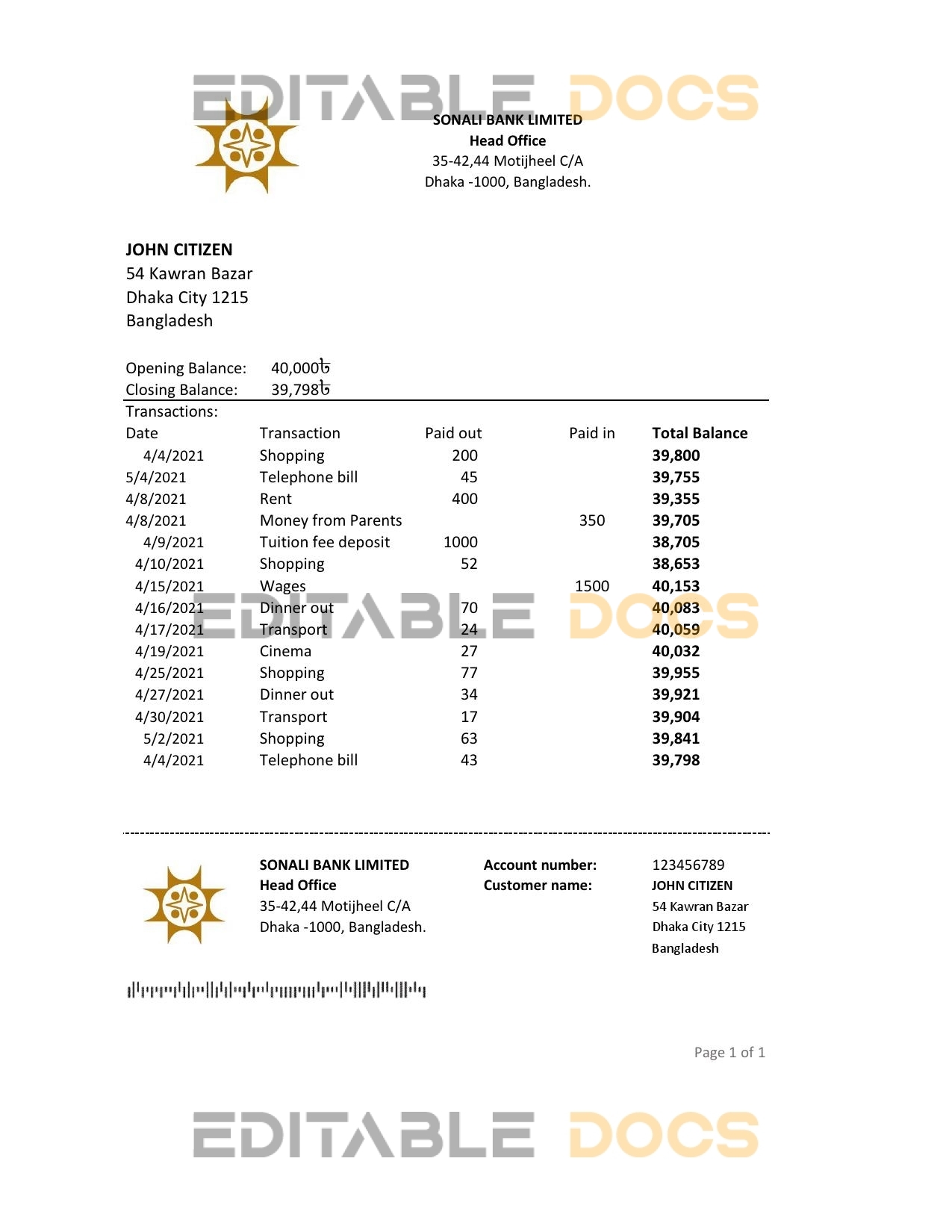 Bangladesh Sonali bank statement easy to fill template in Excel and PDF format