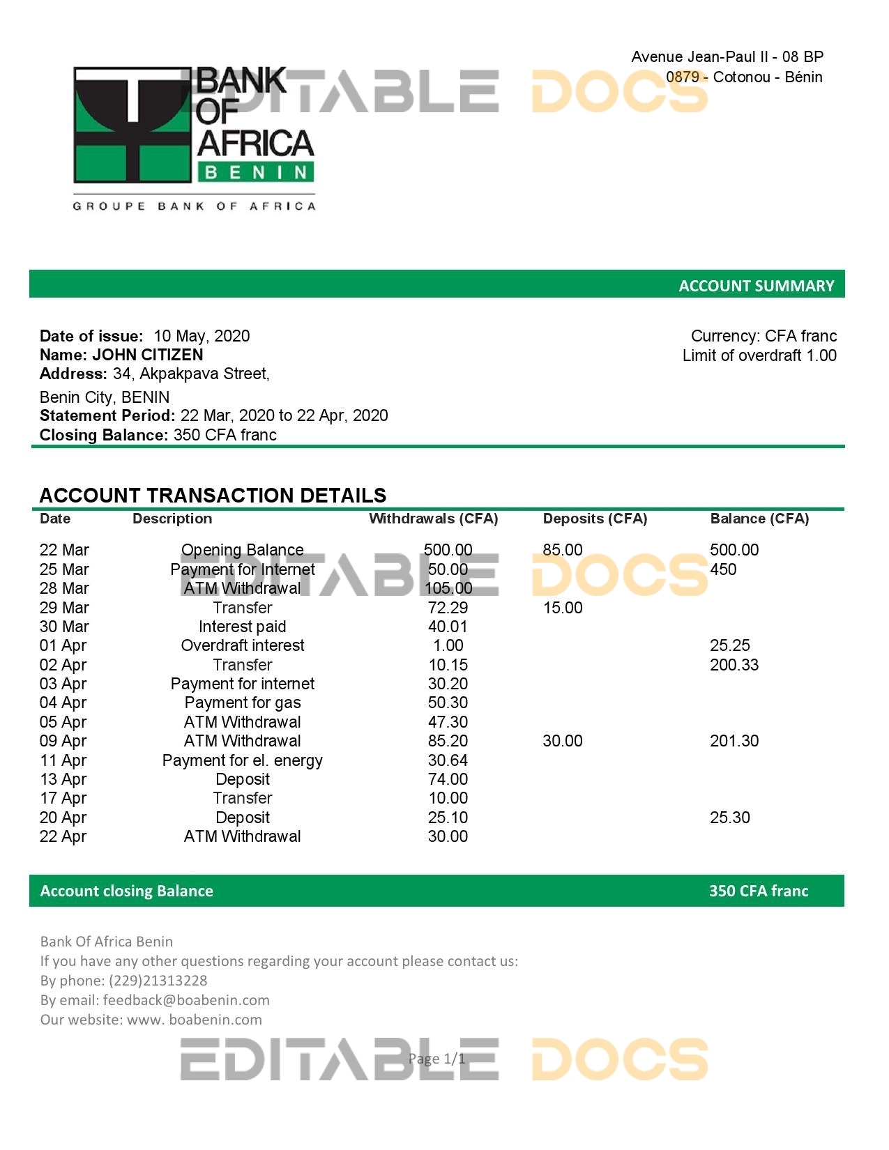 Benin Bank of Africa bank statement template in Word and PDF format