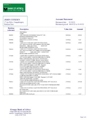 Burkina Faso Bank of Africa bank statement template in Word and PDF format
