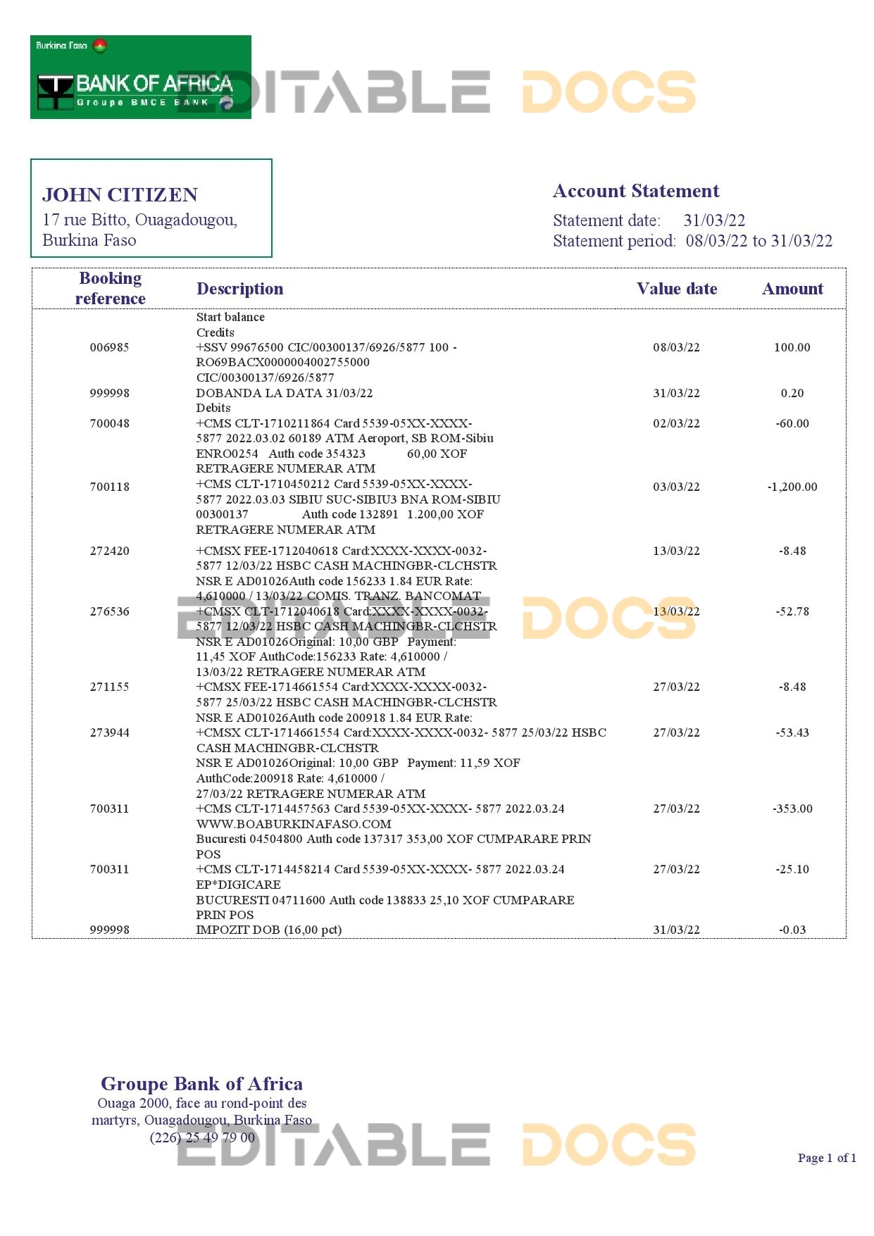 Burkina Faso Bank of Africa bank statement template in Word and PDF format