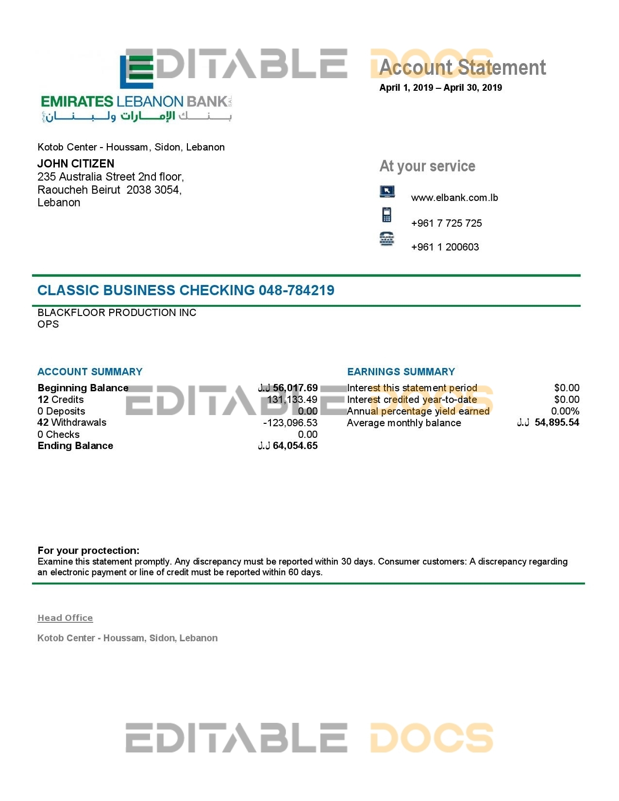 Lebanon Emirates Lebanon Bank statement template in Word and PDF format, good for address prove